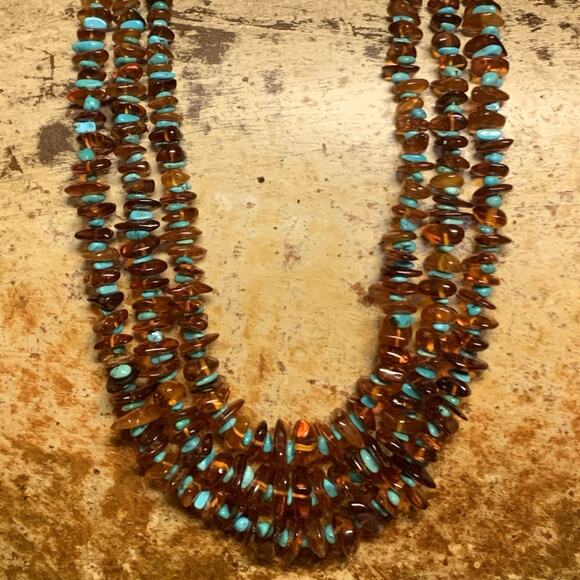 Jay King Necklace Sterling Silver, Amber & Turquoise 3 Strand Graduating by DTR - Picture 3 of 9